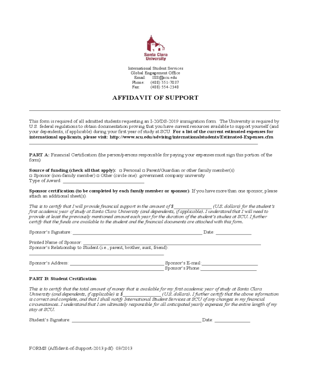 Affidavit of Support Form - Santa Clara University