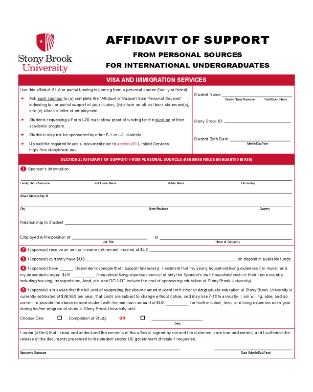 Affidavit of Support Forms - Stony Brook University