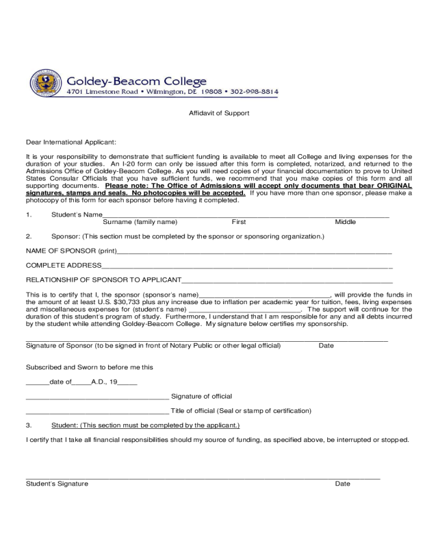 Affidavit of Support - Goldey-Beacom College