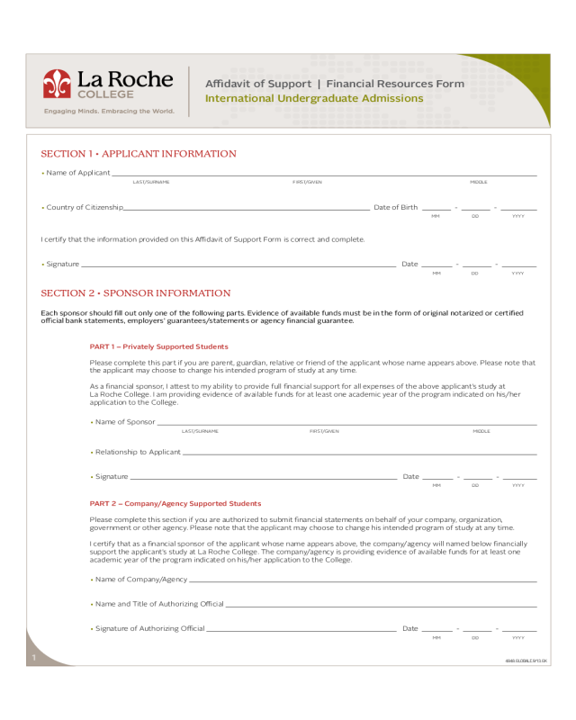 Affidavit of Support - La Roche College