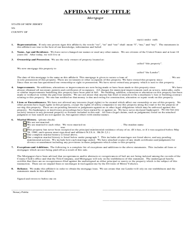 Affidavit of Title (Mortgager) - New Jersey