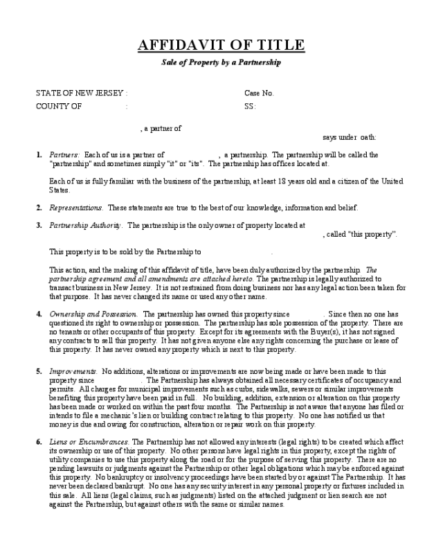 Affidavit of Title (Sale of Property by a Partnership) - New Jersey
