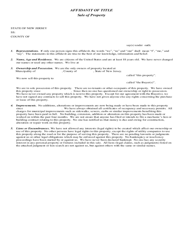 Affidavit of Title (Sale of Property) - New Jersey