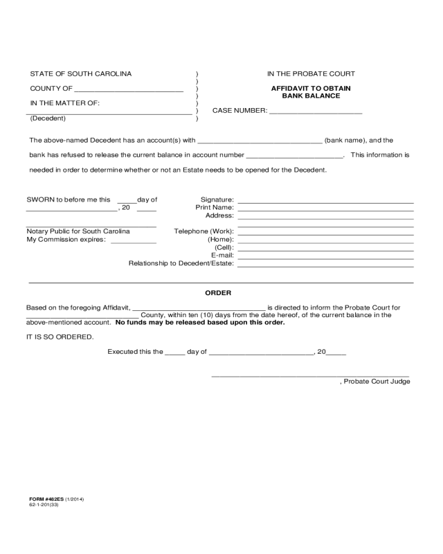Affidavit to Obtain Bank Balance - South Carolina