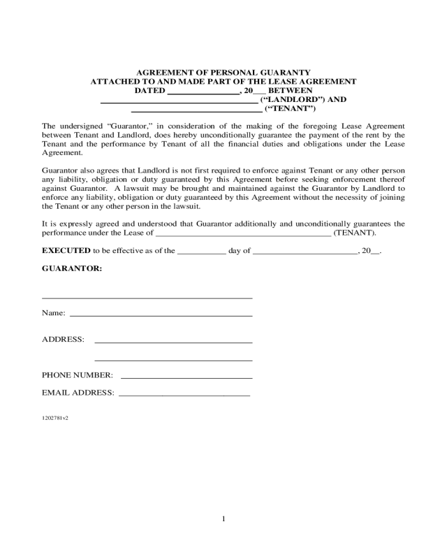 AGREEMENT OF PERSONAL GUARANTY