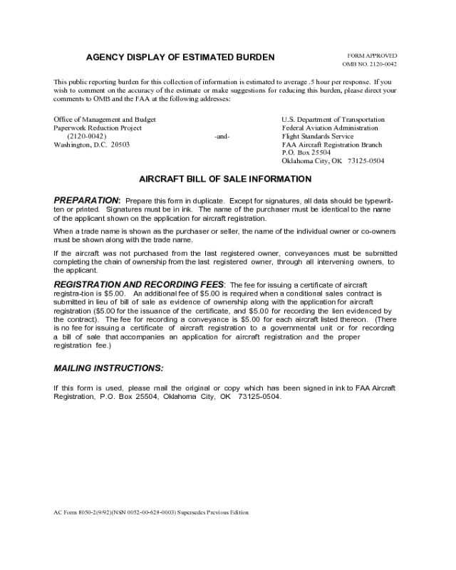 Aircraft Bill of Sale Example - Washington