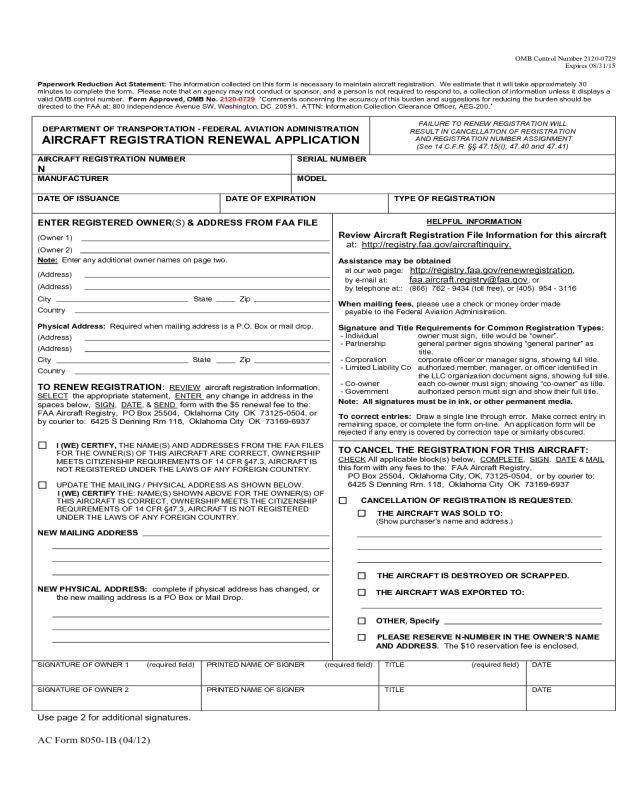Aircraft Registration Renewal Application Form