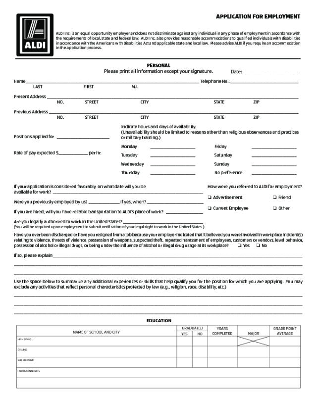 ALDI Application Form Edit, Fill, Sign Online Handypdf