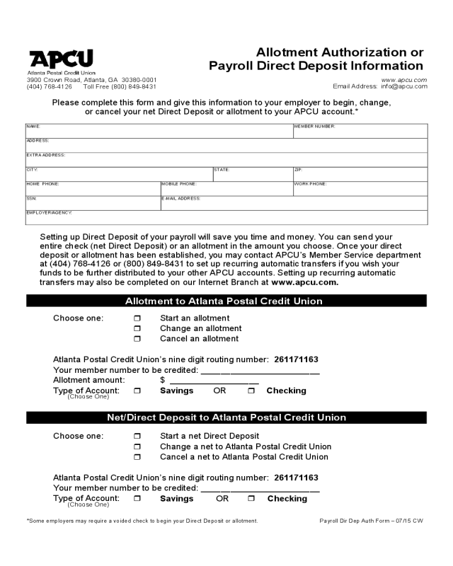 Allotment Authorization or Payroll Direct Deposit Information - Georgia