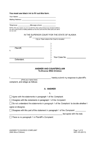 answer and counterclaim to divorce with children alaska