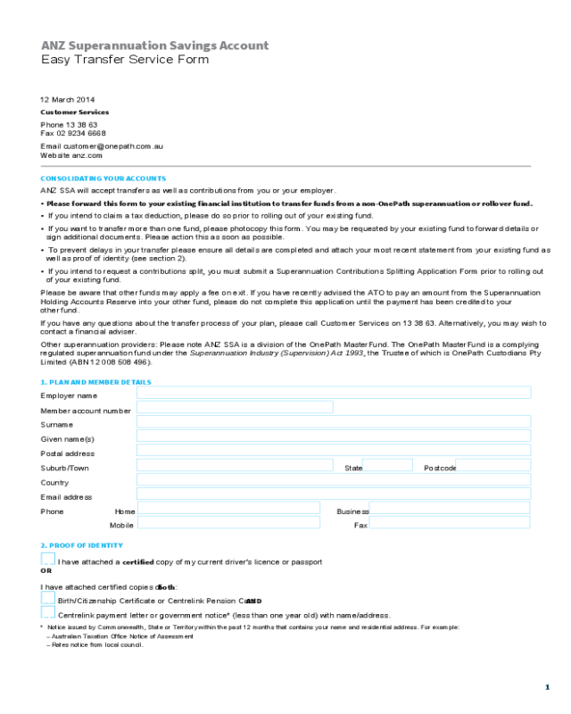 ANZ Superannuation Savings Account Easy Transfer Service Form