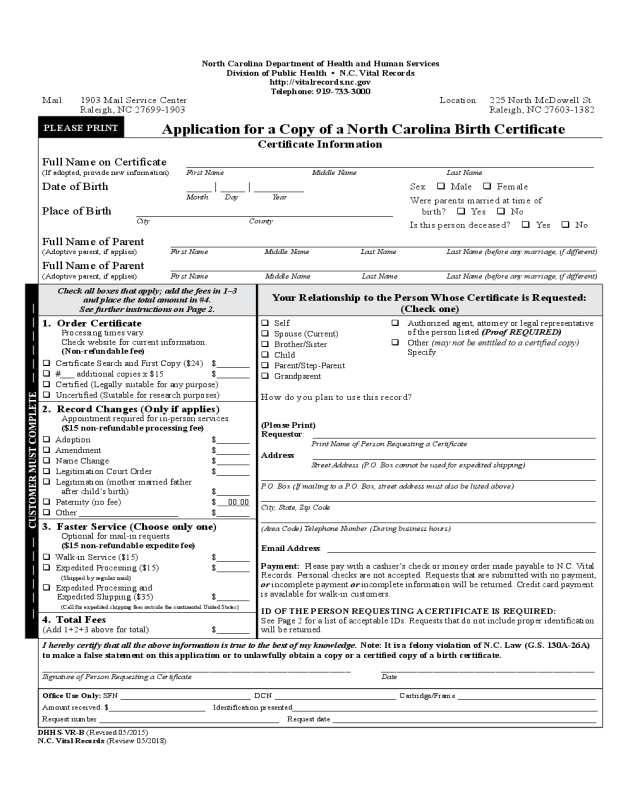 Application for a Copy of a Birth Certificate - North Carolina