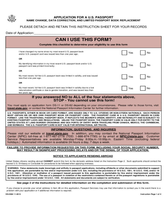 Application for A U.S. Passport Name Change, Data Correction, And Limited Passport Book Replacement