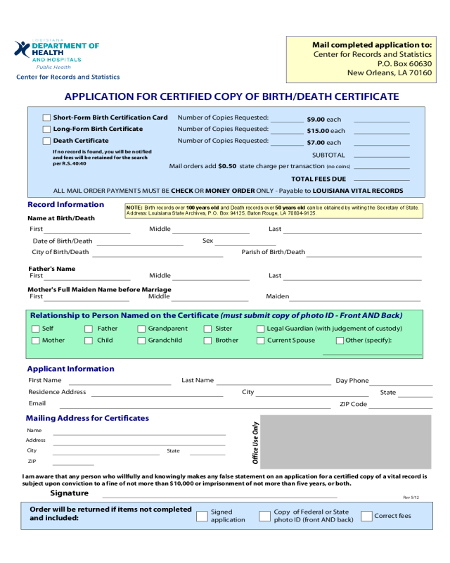 Application for Birth/Death Certificate - Louisiana