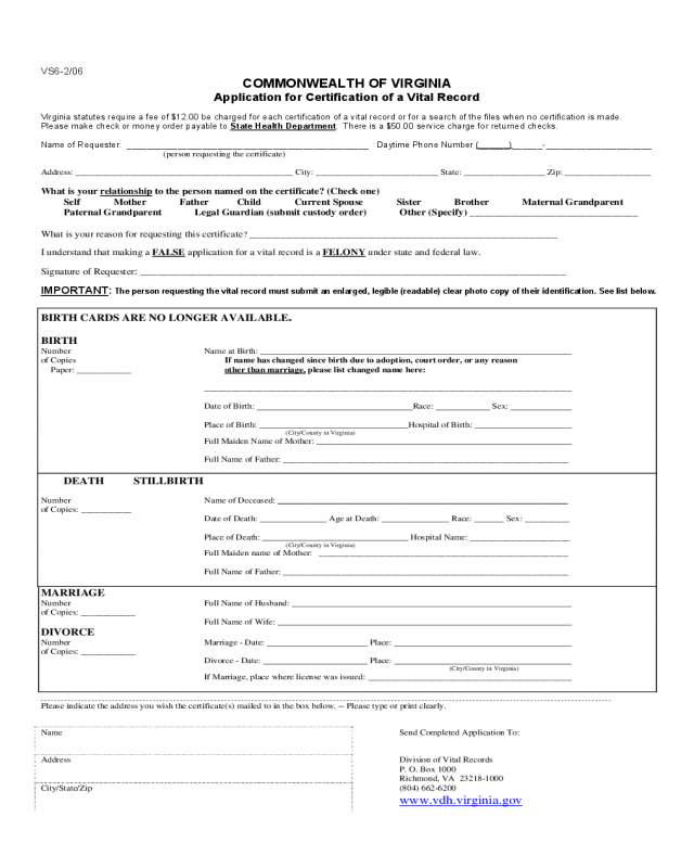 Application for Certification of a Vital Record - Virginia