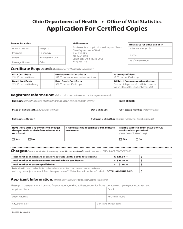 Application For Certified Copies - Ohio