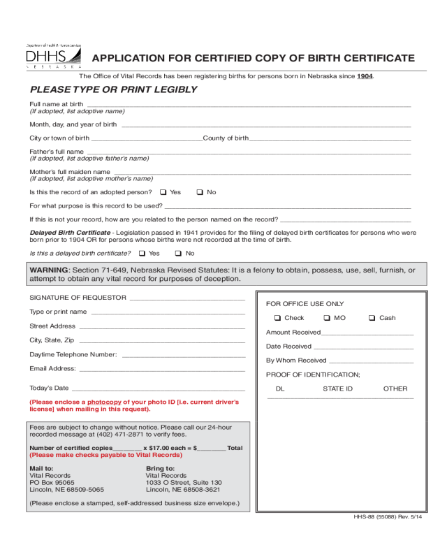 Application for Certified Copy of Birth Certificate - Nebaska