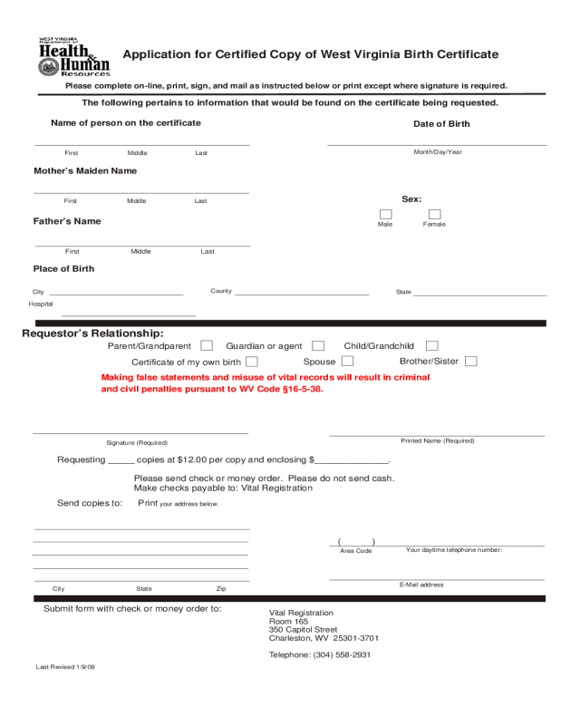 Application for Certified Copy of Birth Certificate - West Virginia