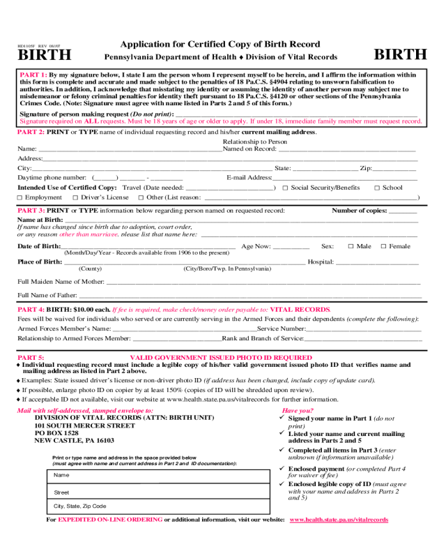 Application for Certified Copy of Birth Record - Pennsylvania