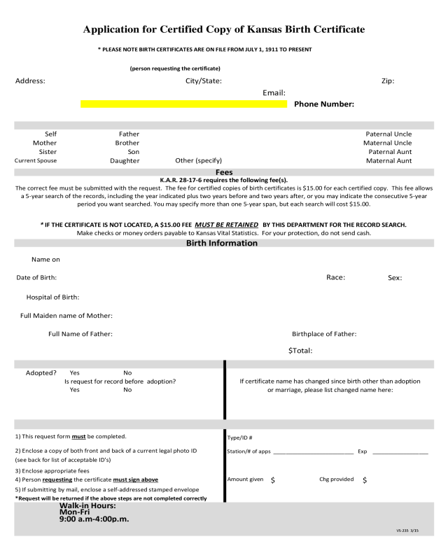 Application For Certified Copy Of Kansas Birth Certificate Edit Fill 