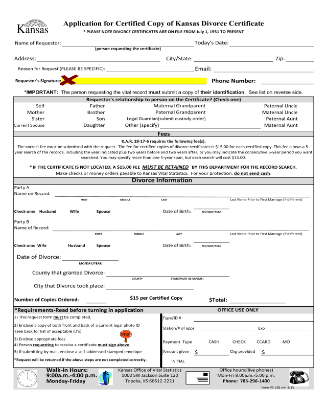 Application for Certified Copy of Kansas Divorce Certificate