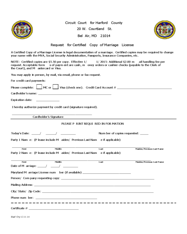 Application for Certified Copy of Marriage License - Maryland
