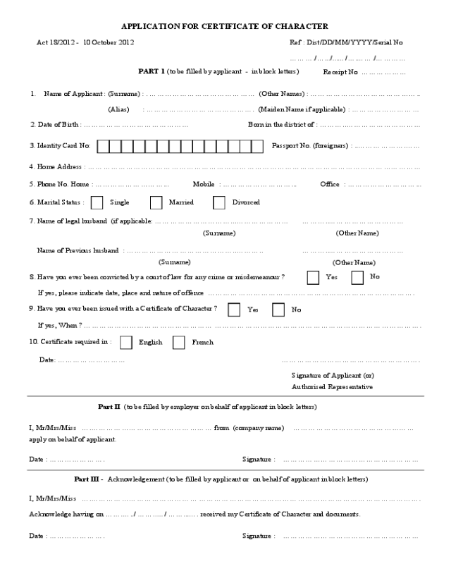 Application for Character Certificate