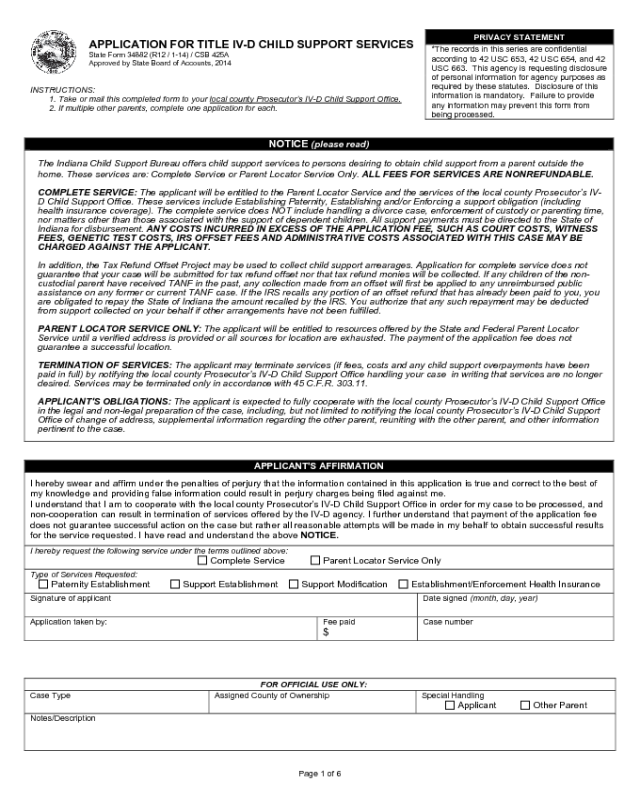Application for Child Support Services - Indiana