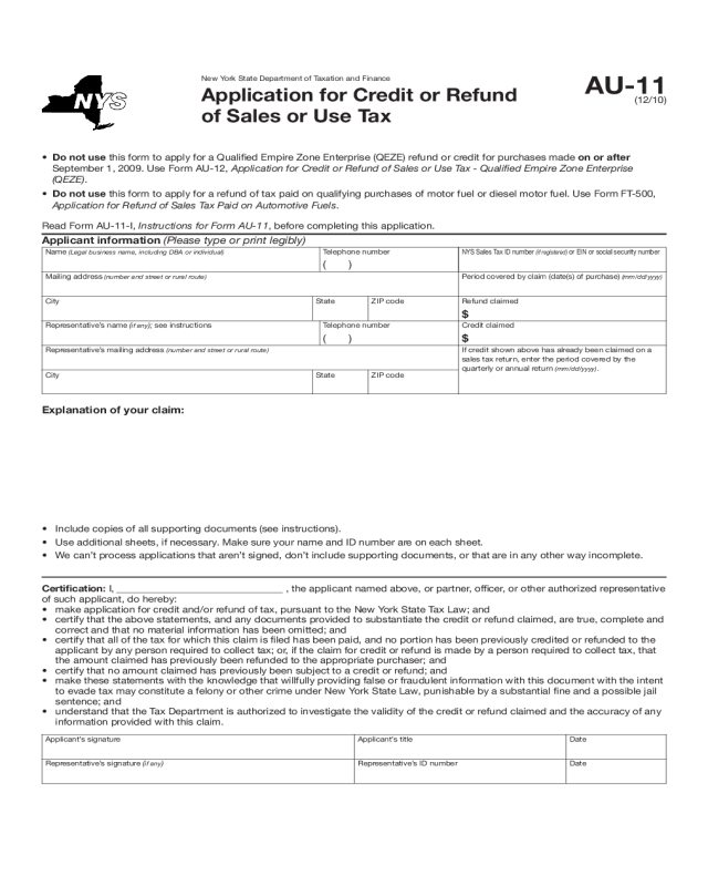 Application for Credit or Refund of Sales or Use Tax - New York