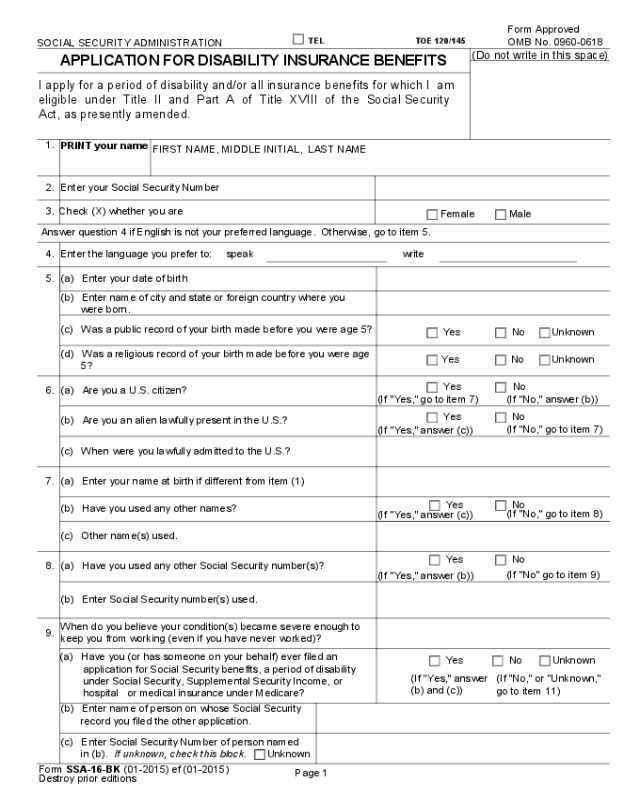 Application for Disability Insurance Benefits Edit Fill Sign Online