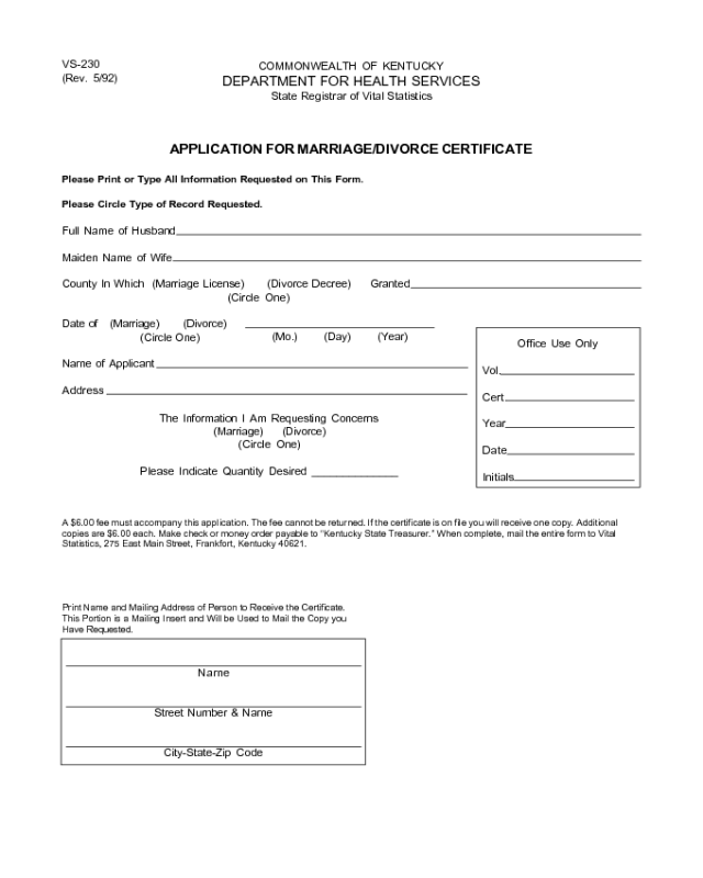Application for Divorce Certificate - Kentucky