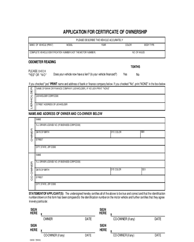 APPLICATION FOR DUPLICATE CERTIFICATE OF OWNERSHIP - New Jersey