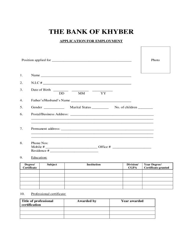 Application for Employment - Bank of Khyber
