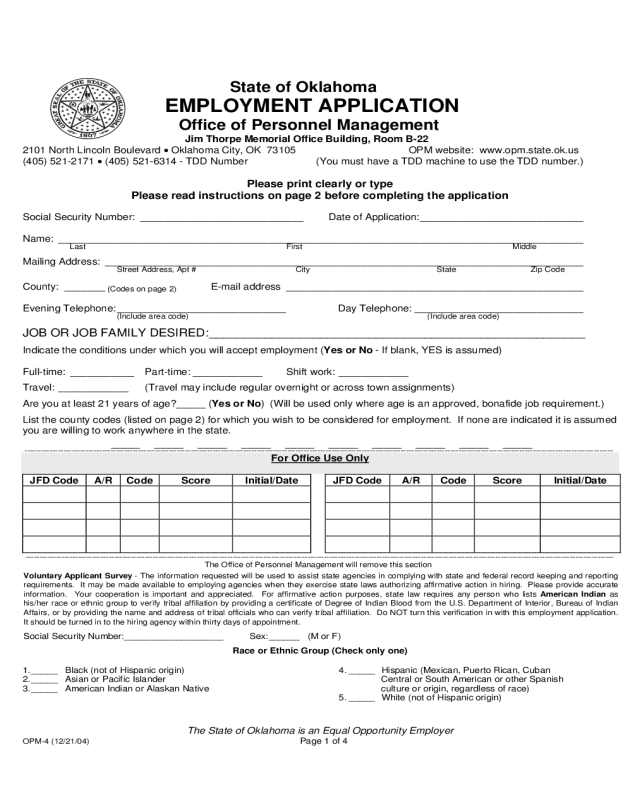 Application for Employment Form - Oklahoma