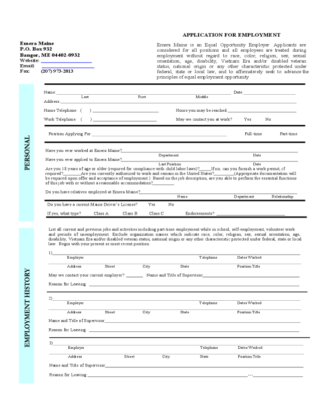 APPLICATION FOR EMPLOYMENT of Emera Maine