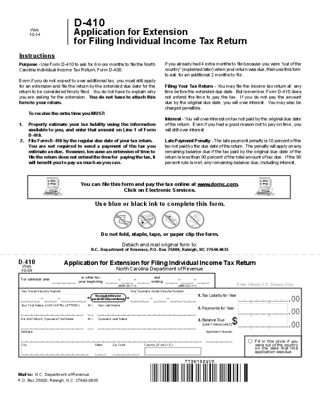 Application for Extension for Filing Individual Income Tax Return