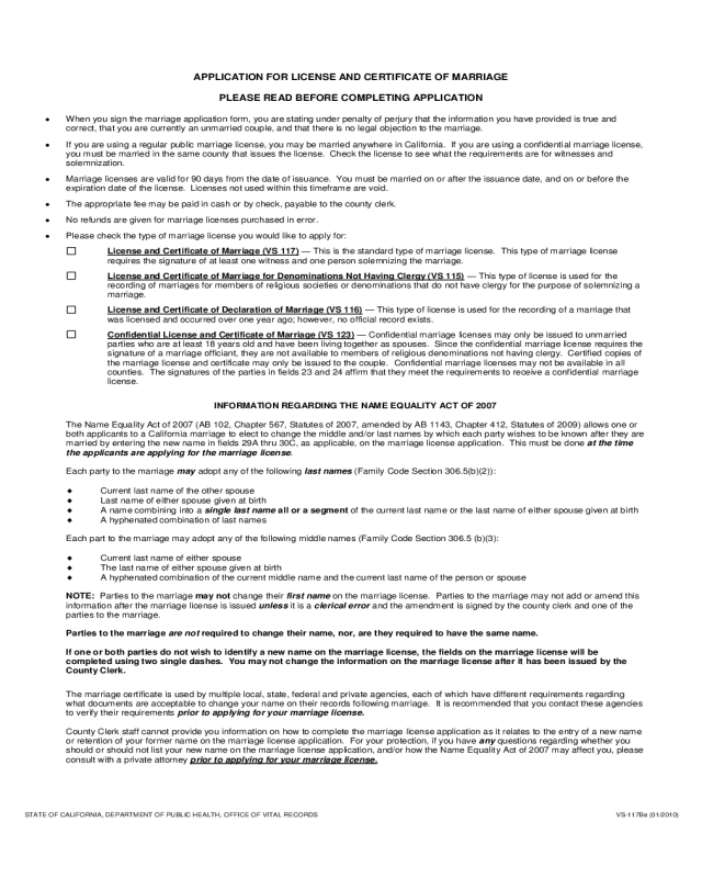 Application for License and Certificate of Marriage - California