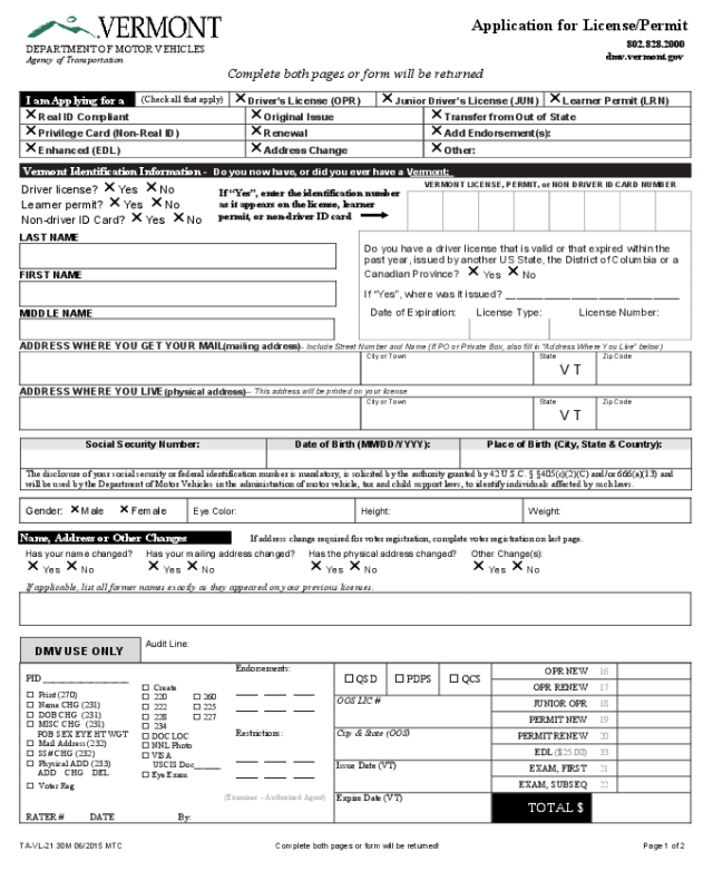 Application for License/Permit - Vermont