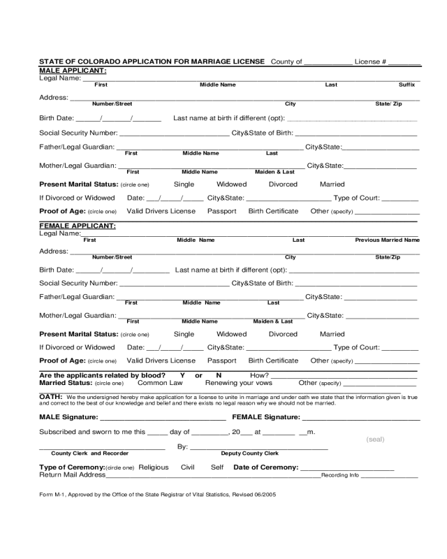 Application for Marriage License or Certificate - Colorado
