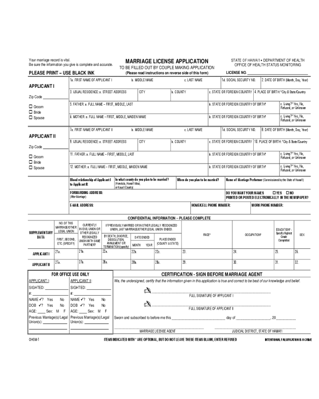 Application for Marriage License or Certificate - Hawaii