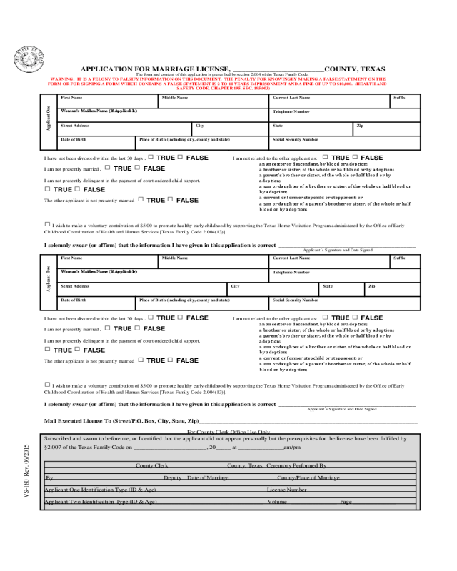 Application for Marriage License or Certificate - Texas