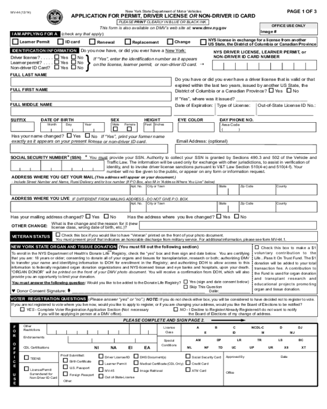 Application for Permit, Driver License or Non-driver ID Card - New York