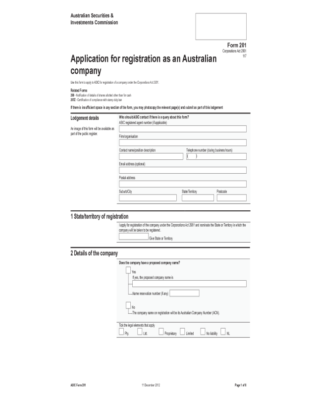 Application for Registration As An Australian Company