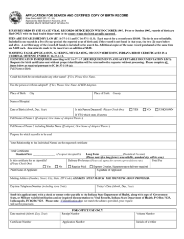 Application for Search and Certified Copy of Birth Record - Indiana ...