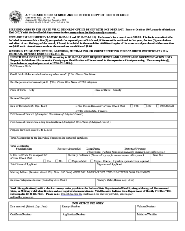 Application for Search and Certified Copy of Birth Record - Indiana