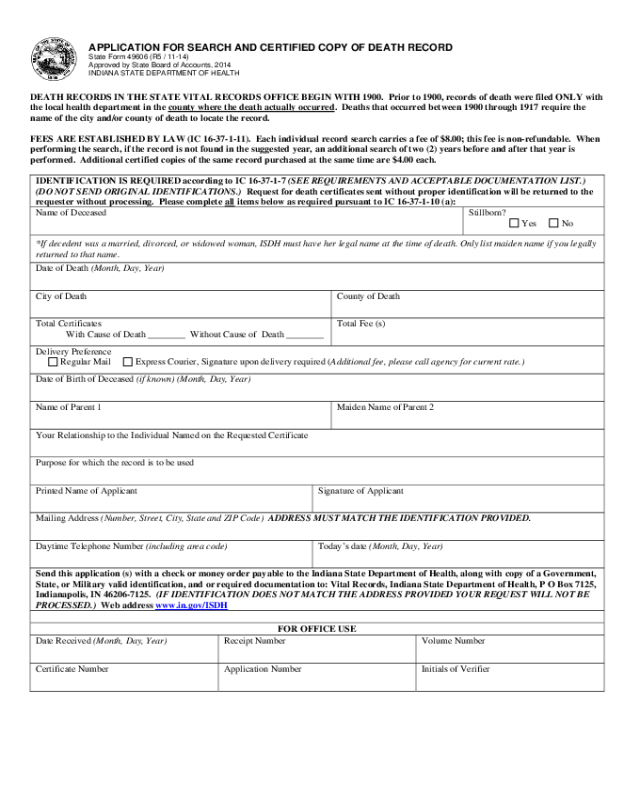 Application for Search and Certified Copy of Death Record - Indiana