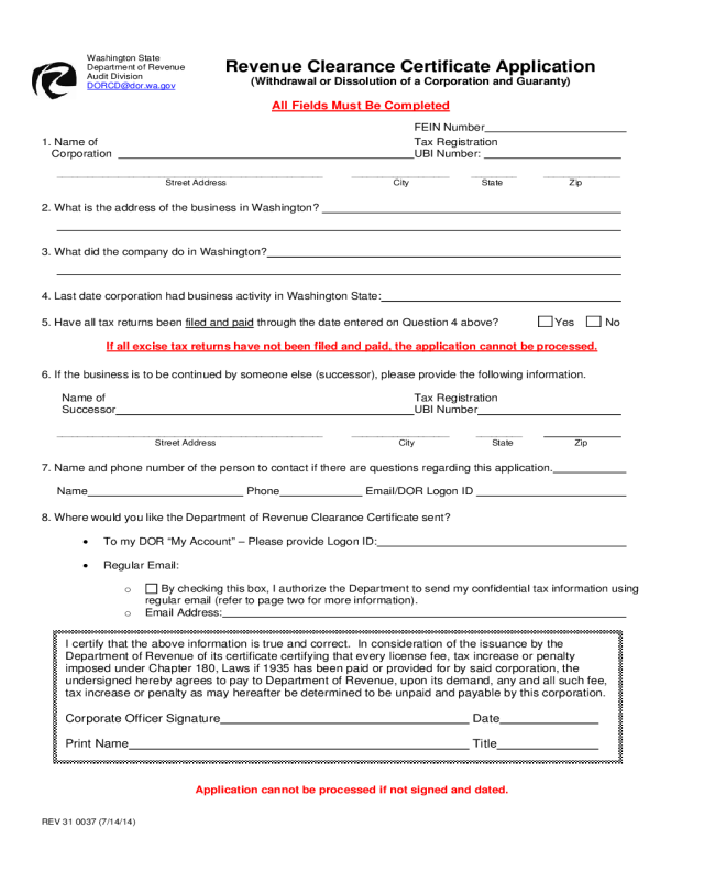 Application for Tax Clearance - New Jersey