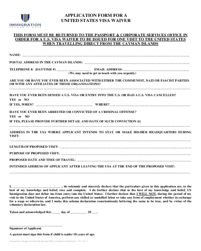 Application Form For A US Visa Waiver Edit Fill Sign Online Handypdf