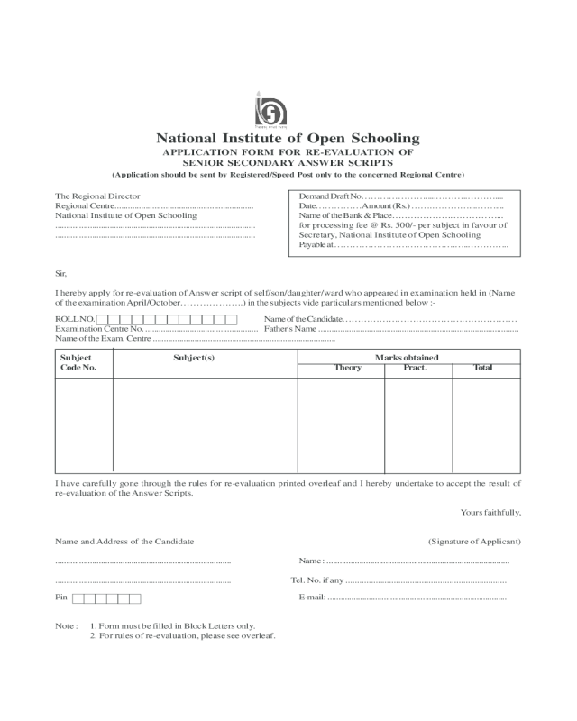 Application Form for Re-Evaluation of Senior Secondary Answer Scripts