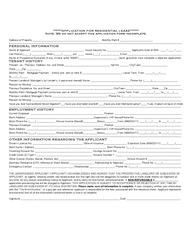 Application Form for Residential Lease